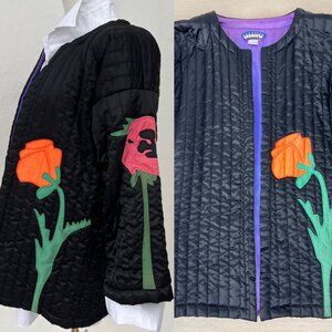Vintage Terrific Co San Francisco Embroidered Open Front Quilted Jacket Size Sm